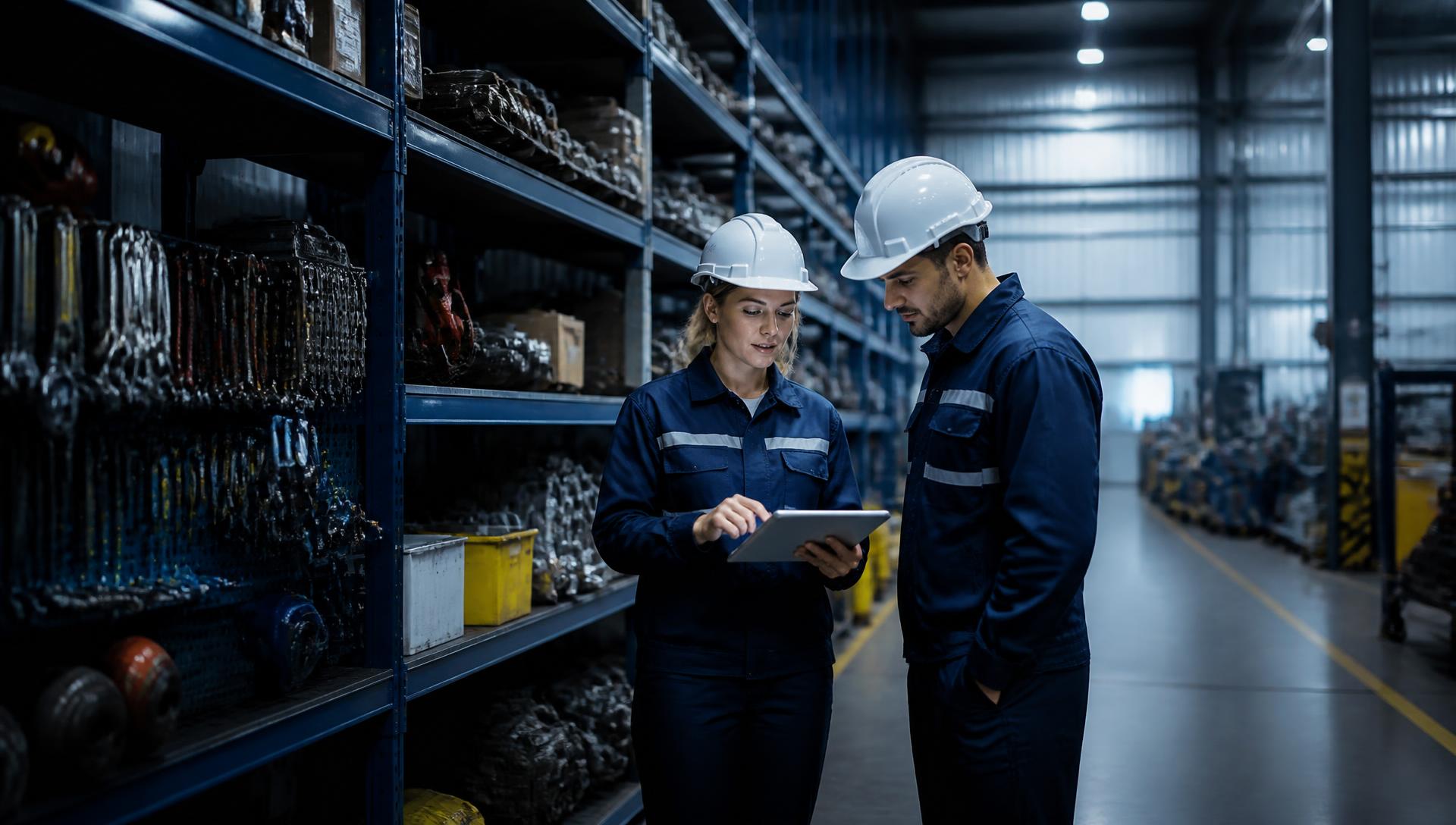 Equipo técnico revisando suministros industriales en almacén