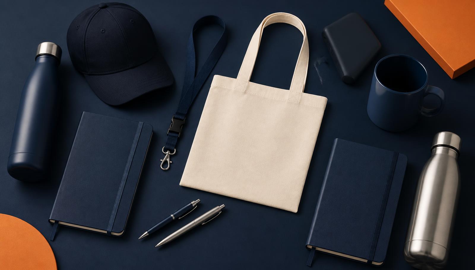 Set de artículos corporativos personalizados: botellas, bolsas, libretas, gorras y lanyards